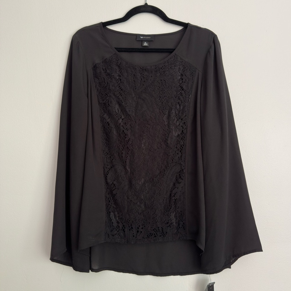AB Studio Black Boxy Blouse with‎ Lace Detail